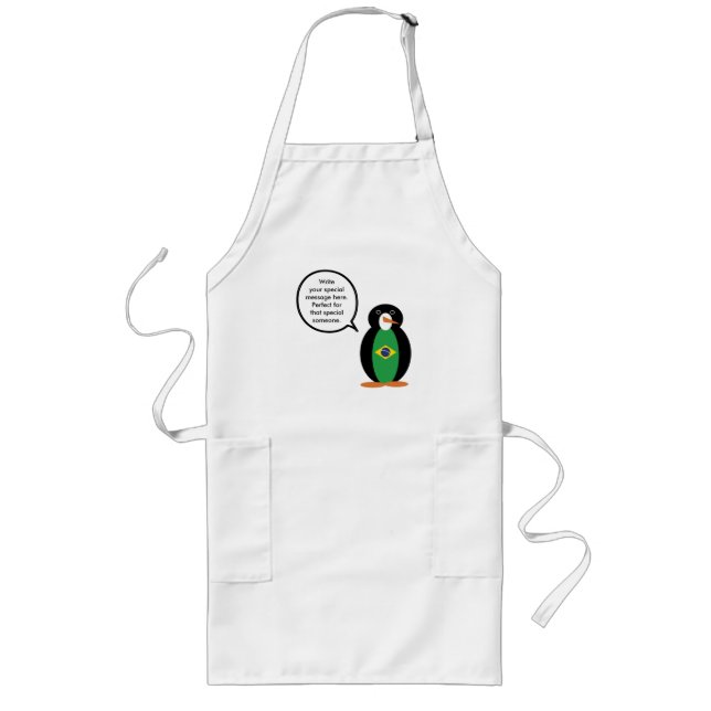 Brazilian Flag Talking Ms. Penguin Long Apron (Front)