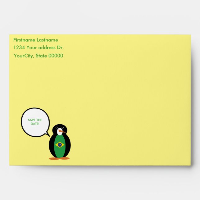 Brazilian Flag Talking Ms Penguin Personalised  Envelope (Front)