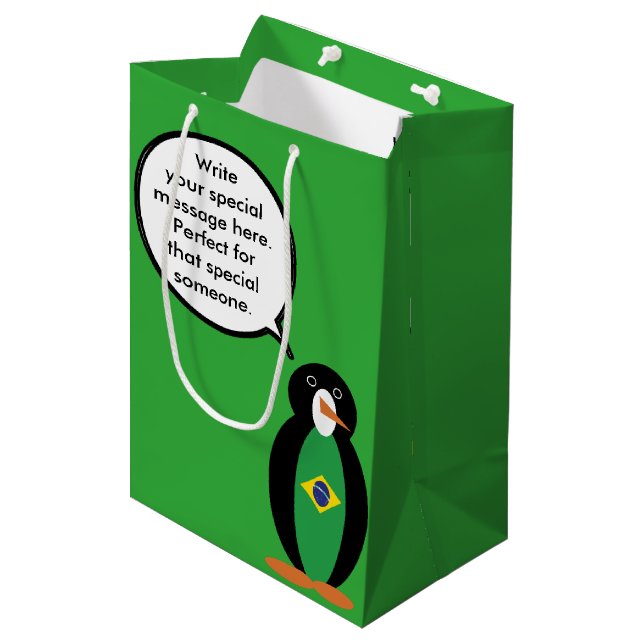 Brazilian Flag Talking Ms Penguin Personalised  Medium Gift Bag (Front Angled)
