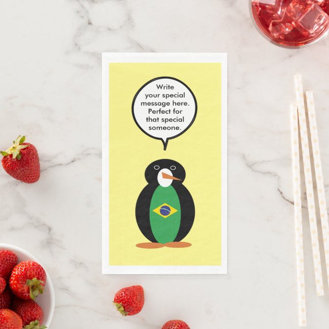 Brazilian Flag Talking Ms Penguin Personalised  Napkin (Insitu)
