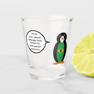 Brazilian Flag Talking Ms Penguin Personalised Shot Glass