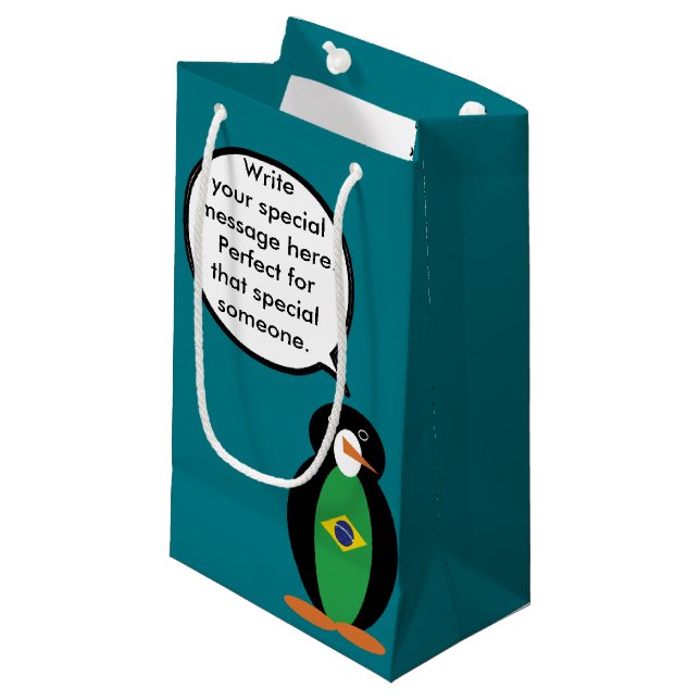 Brazilian Flag Talking Ms Penguin Personalised  Small Gift Bag (Front Angled)