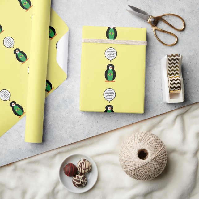 Brazilian Flag Talking Ms Penguin Personalised  Wrapping Paper (Crafts)
