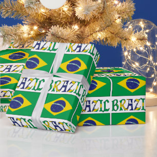 Brazilian Flag with Word Brazil Tiled Wrapping Paper