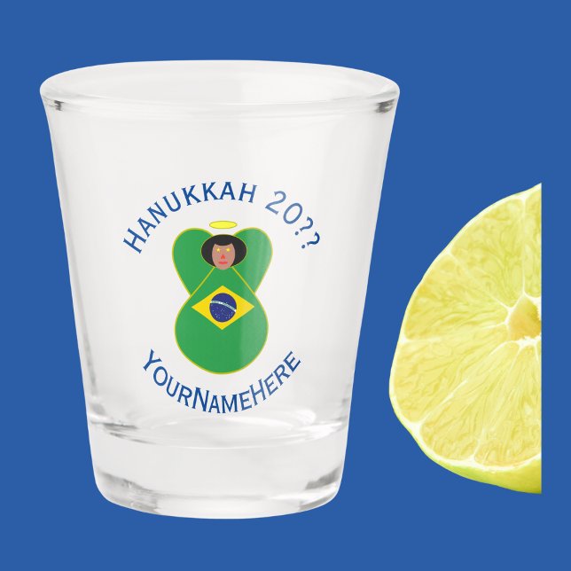 Brazilian Hanukkah Angel Flag Personalised  Shot Glass (Shot glass has dark skinned angel wearing the Brazilian Flag. Personalize with holiday, year, name.)