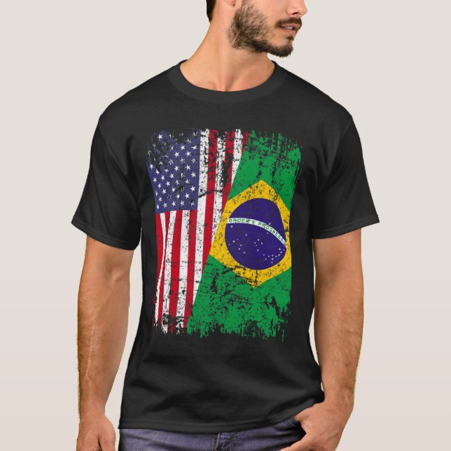 BRAZILIAN ROOTS  Half American Flag  BRAZIL T-Shir T-Shirt (Front)