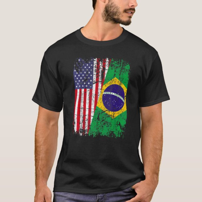 BRAZILIAN ROOTS Half American Flag BRAZIL T-Shirt (Front)