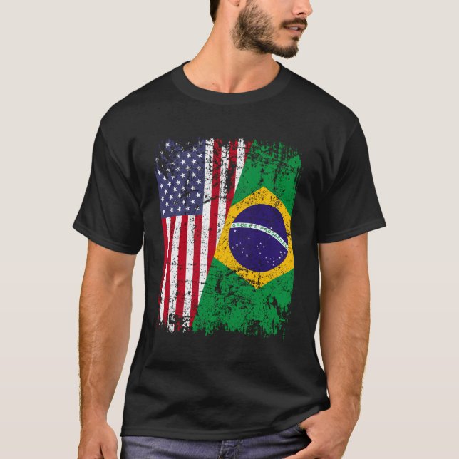 Brazilian Roots Half American Flag Brazil T-Shirt (Front)
