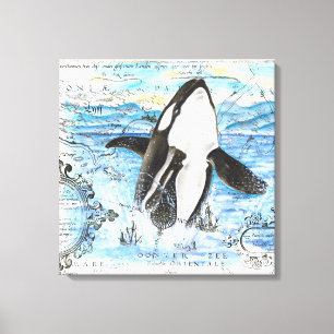 Breaching Orca Ancient Map Canvas Print