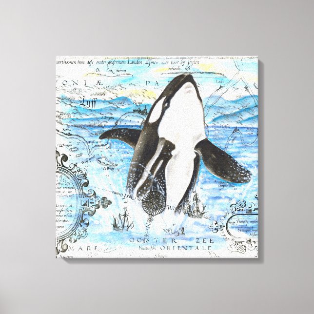 Breaching Orca Ancient Map Canvas Print (Front)