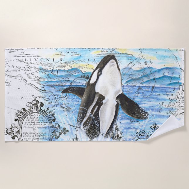 Breaching Orca Whale Ancient Map Beach Towel (Front)