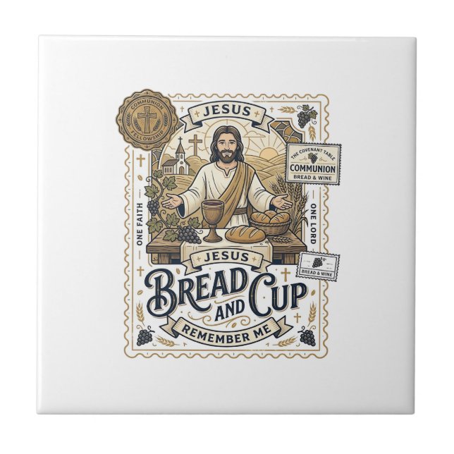 Bread And Cup Jesus Communion Christian Faith Vint Tile (Front)