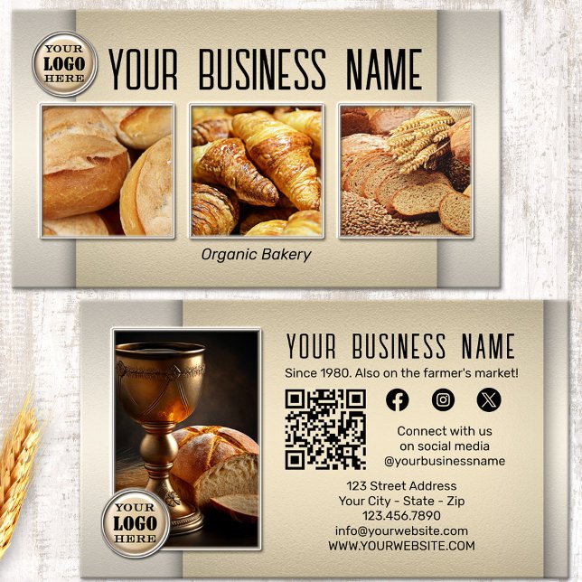 Bread Bakery QR Code Photo Social Media Business Card (Bread bakery business card featuring your custom images on a stylish design in light earth colors)