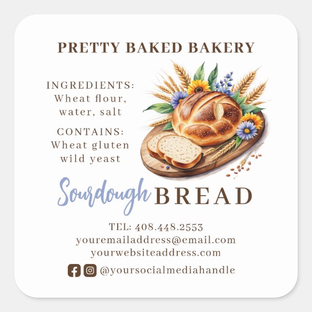 Bread Bakery Watercolor Ingredients & Allergens Square Sticker (Front)