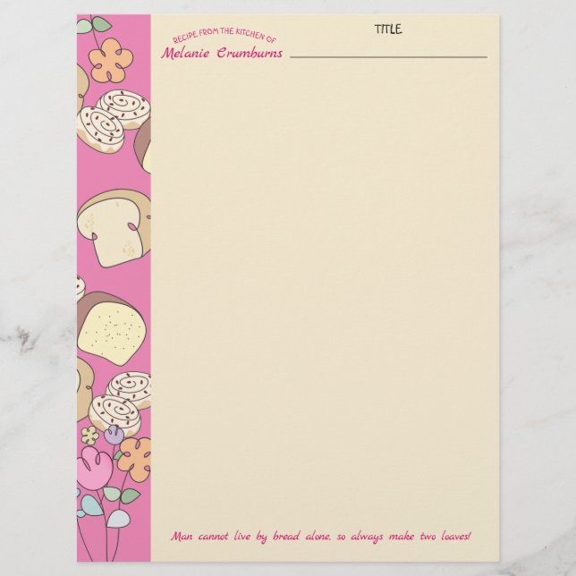 Bread cinnamon roll personalised recipe letterhead (Front)