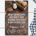 Bread | Philippians 4:19 Bible Verse 8 x 10 or up Jigsaw Puzzle<br><div class="desc">This is a more flexible size version of the puzzle... This beautiful jigsaw puzzle features the inspiring verse from Philippians 4:19, "And my God will supply every need of yours according to his riches in glory in Christ Jesus." The verse is set against a background of a tempting array of...</div>