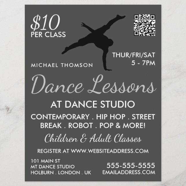 Break Dancer Silhouette, Dance Lesson Advertising Flyer (Front)