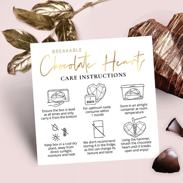 Breakable Chocolate Heart Care Guide White & Gold Square Business Card (Make luxurious Breakable Chocolate Heart Care Cards with this white and faux gold card design)