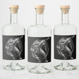 Breakdancer in action, in ink splatter style liquor bottle label