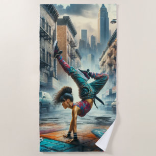 Breakdancer Women in action New York silhouette Beach Towel
