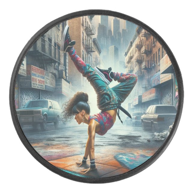 Breakdancer Women in action New York silhouette Hockey Puck (Front)