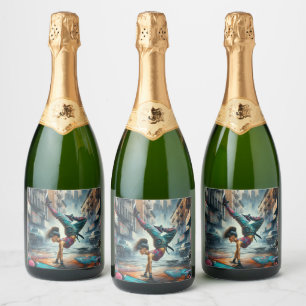 Breakdancer Women in action New York silhouette Sparkling Wine Label