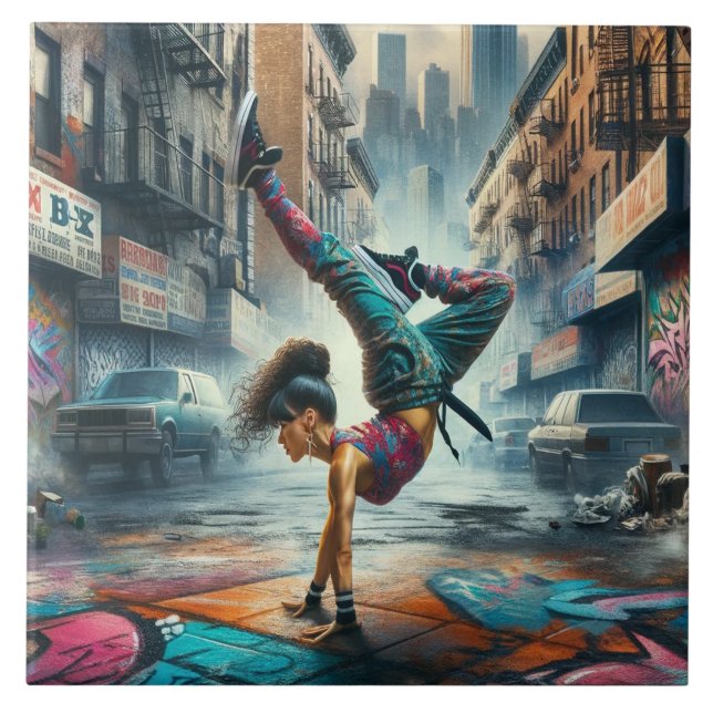 Breakdancer Women in action New York silhouette Tile (Front)