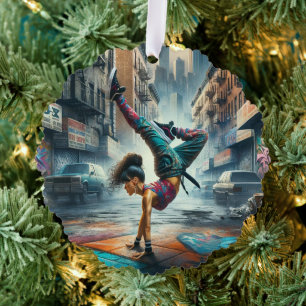 Breakdancer Women in action New York silhouette Tree Decoration Card