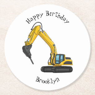 Breaker excavator cartoon illustration round paper coaster
