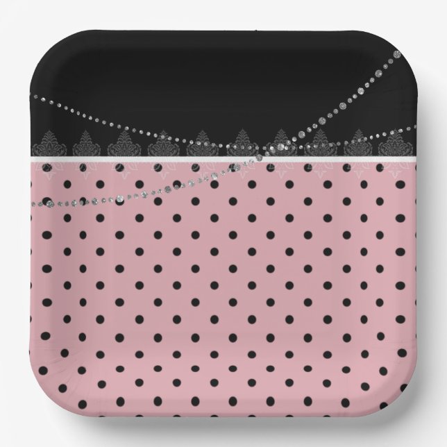 Breakfast & Brunch Pink and black polka dots Paper Plate (Front)
