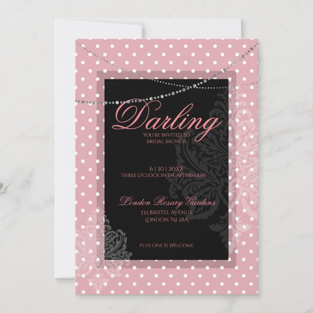 Breakfast brunch pink with white polk dots invitation (Front)