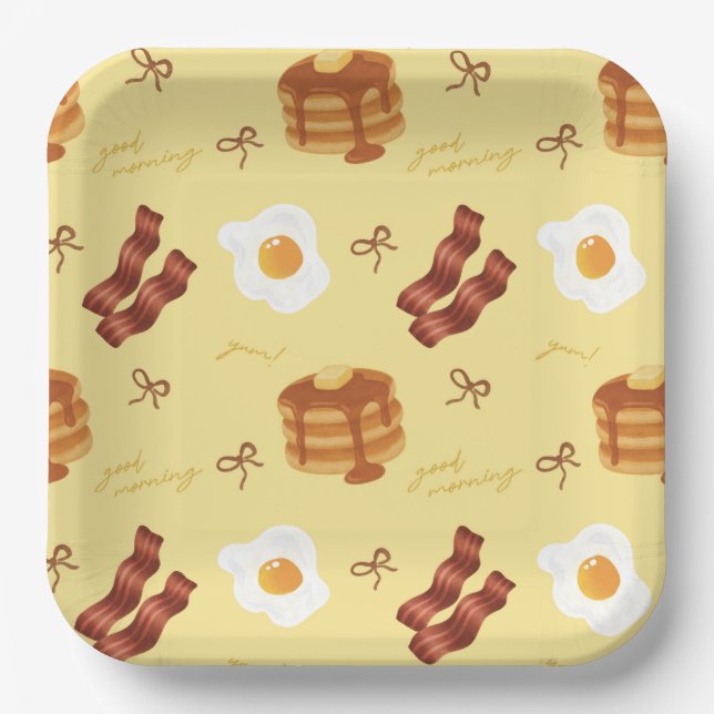 Breakfast Brunch Theme Bacon Eggs Pancakes Pattern Paper Plate (Front)
