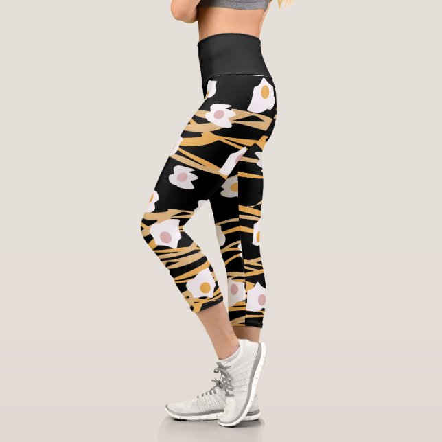 Breakfast Eggs Food Abstract Pattern Yellow Black Capri Leggings (Left)
