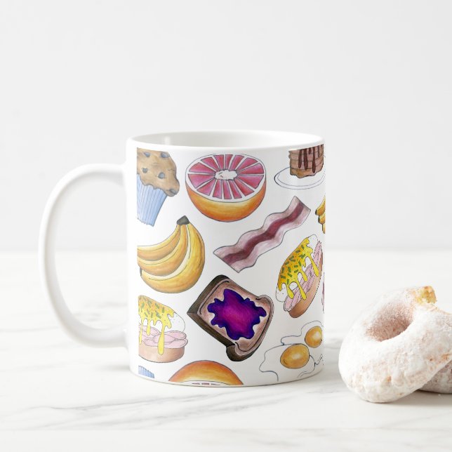 Breakfast Foods Bacon Pancake Muffin Banana Eggs Coffee Mug (With Donut)