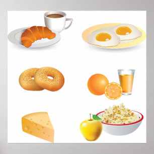 Breakfast Foods Coffee, Croissant, Eggs, Bagels  Poster