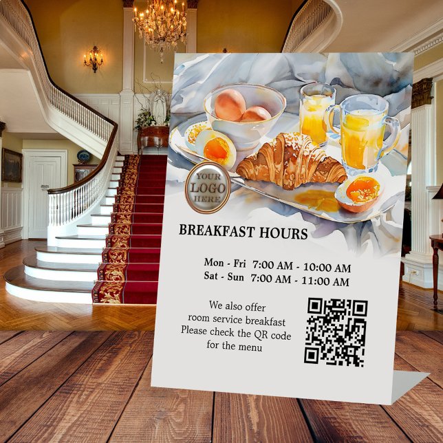 Breakfast Hours Hotel Guest House Logo QR Code  Pedestal Sign (Watercolor breakfast business tabletop sign. With logo and QR code template - hotel - BNB - inn)