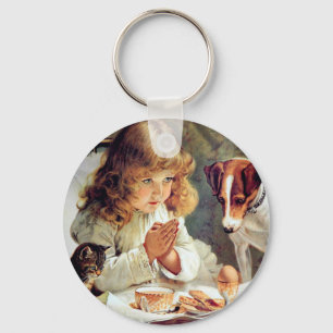 Breakfast in Bed: Girl, Terrier and Kitty Cat Key Ring