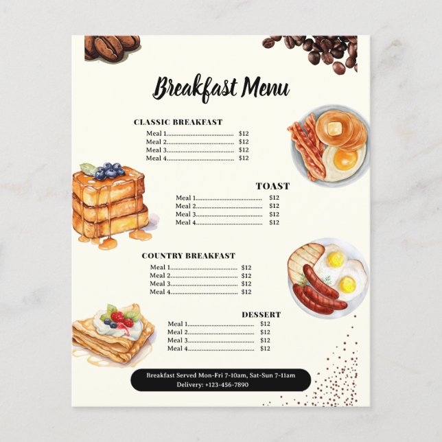 Breakfast Menu, Restaurant Menu, Cafe Marketing  Flyer (Front)