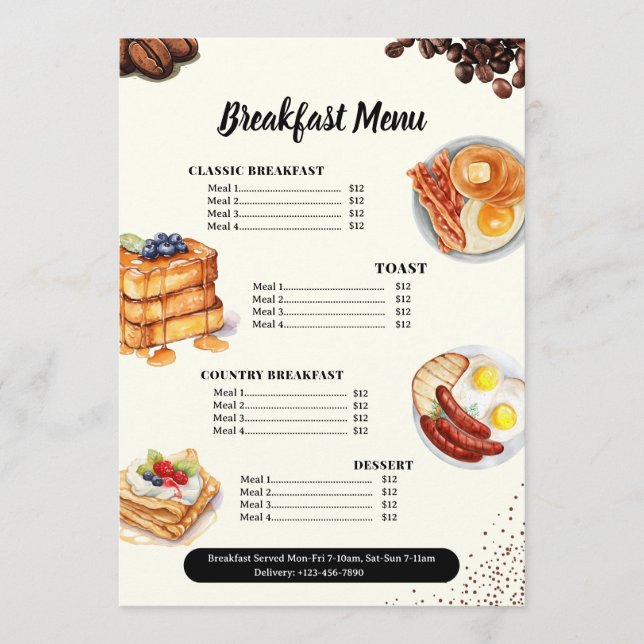 Breakfast Menu, Restaurant Menu, Cafe Marketing  Menu (Front)