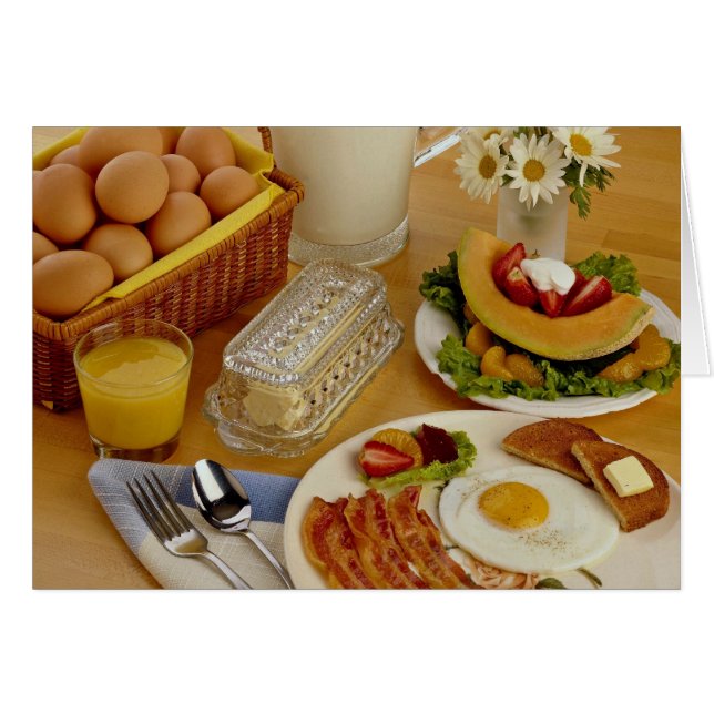 Breakfast of bacon, eggs and pitcher of milk (Front Horizontal)