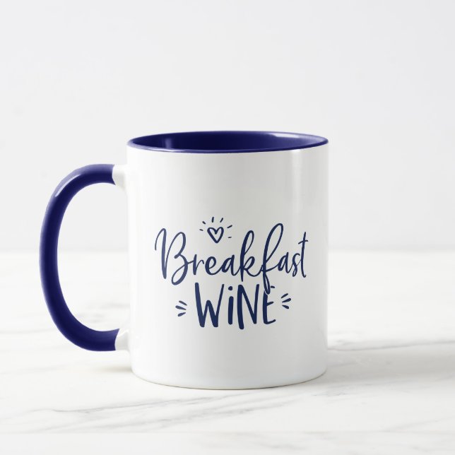 Breakfast Wine Funny Navy Blue Trendy Quote Mug (Left)