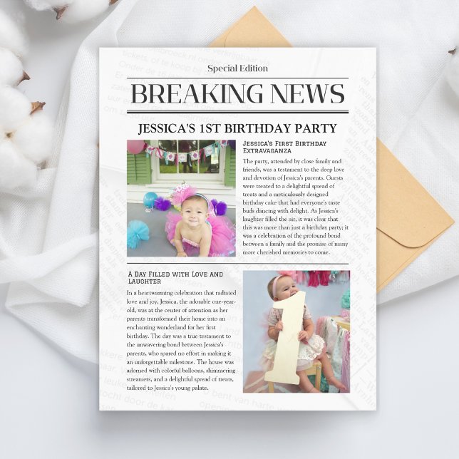 Breaking News First Birthday Announcement Postcard (Breaking News Front Page Newspaper 1st Birthday Announcement Postcard)