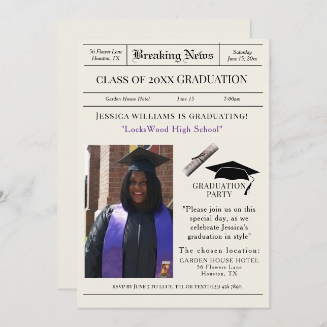 "Breaking News" Graduation Party Photo Invitation (Front/Back)