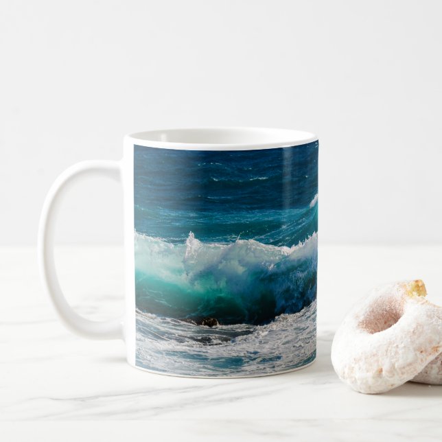 Breaking Ocean Waves Panoramic View Coffee Mug (With Donut)