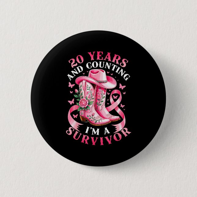 Breast Cancer 20 Years Survivor Nk Ribbon Cowgirl  6 Cm Round Badge (Front)