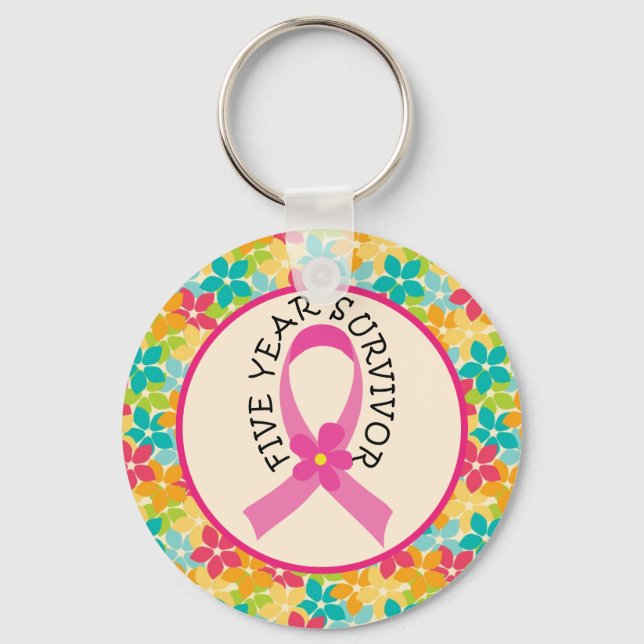 Breast Cancer 5 Year Survivor Ribbon Gift Key Ring (Front)