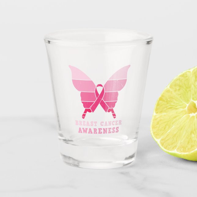 Breast Cancer Awareness Butterfly – Pink Ribbon Shot Glass (Front)