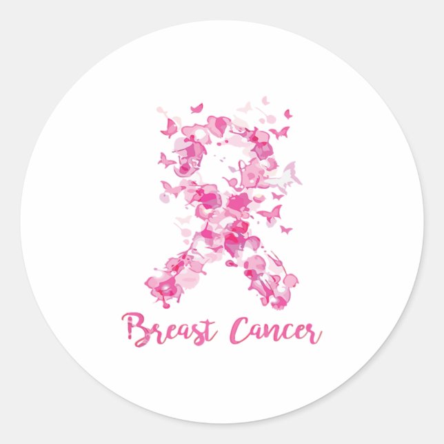 Breast Cancer Awareness Butterfly Ribbon Classic Round Sticker (Front)