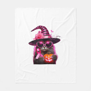 Breast Cancer Awareness Cat Halloween Pink Ribbon Fleece Blanket