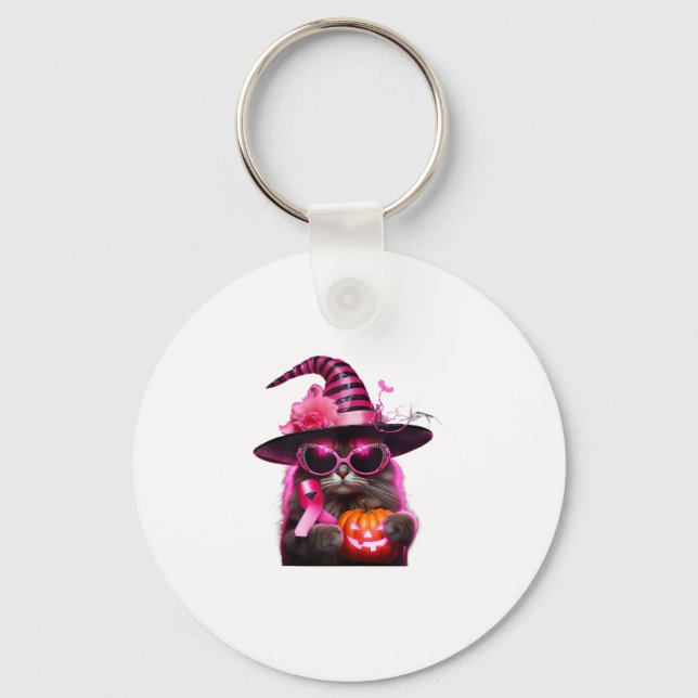 Breast Cancer Awareness Cat Halloween Pink Ribbon  Key Ring (Front)